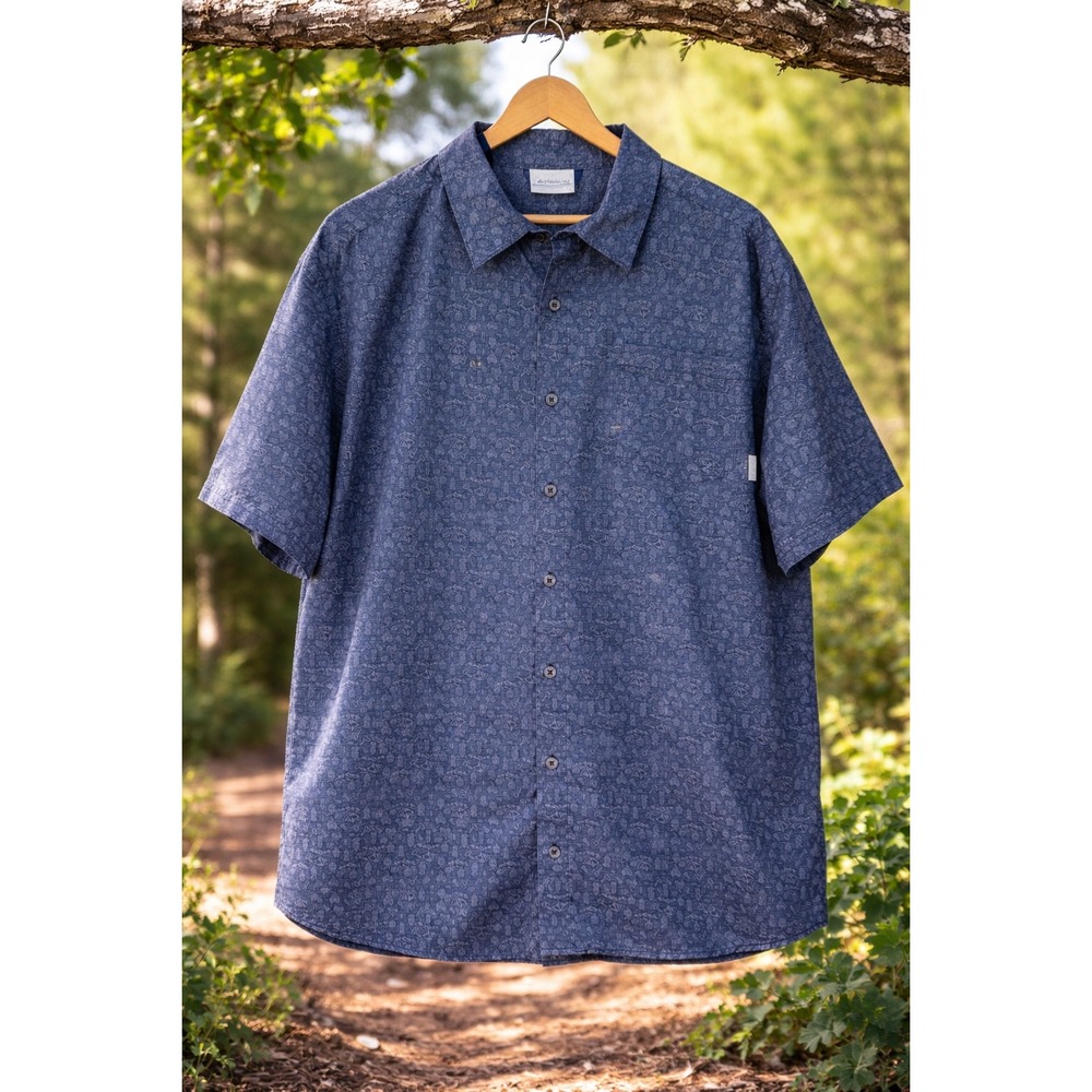 Columbia Mens XXL Navy Blue Camping Print Short Sleeve Cotton Button Down Shirt